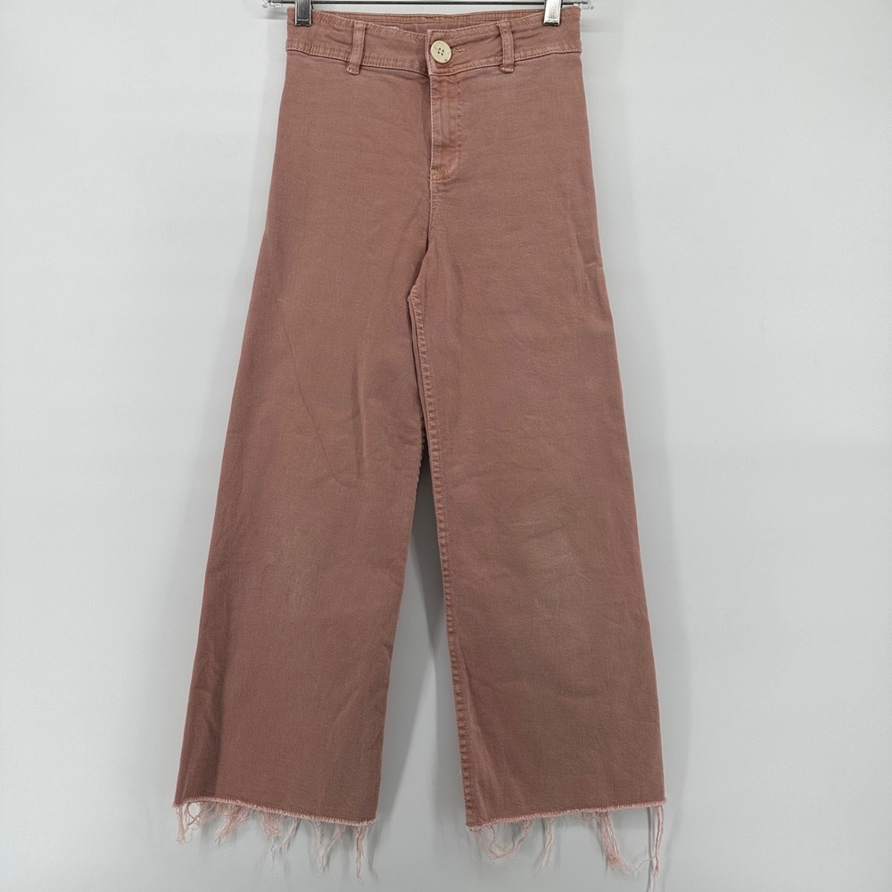 Zara Kids Girls Size 10 Dusty Rose Pink Wide Leg Raw Hem Denim Pants Adjustable